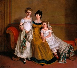 Portræt af en kvinde med to børn i et hjemligt interiør, ca. 1815